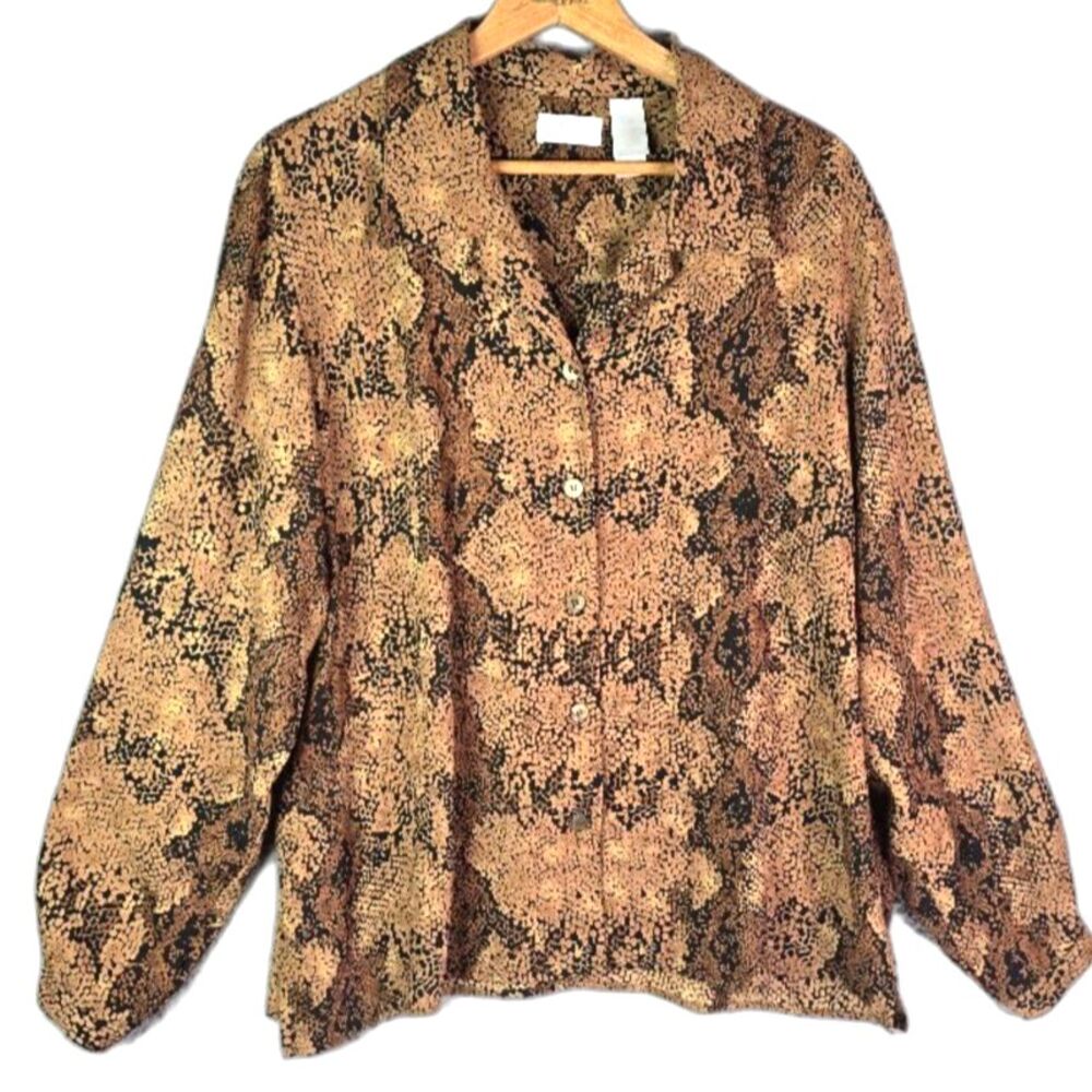 Elisabeth Liz Claiborne Womens Blouse 18 Brown Black Snakeskin Print Vintage